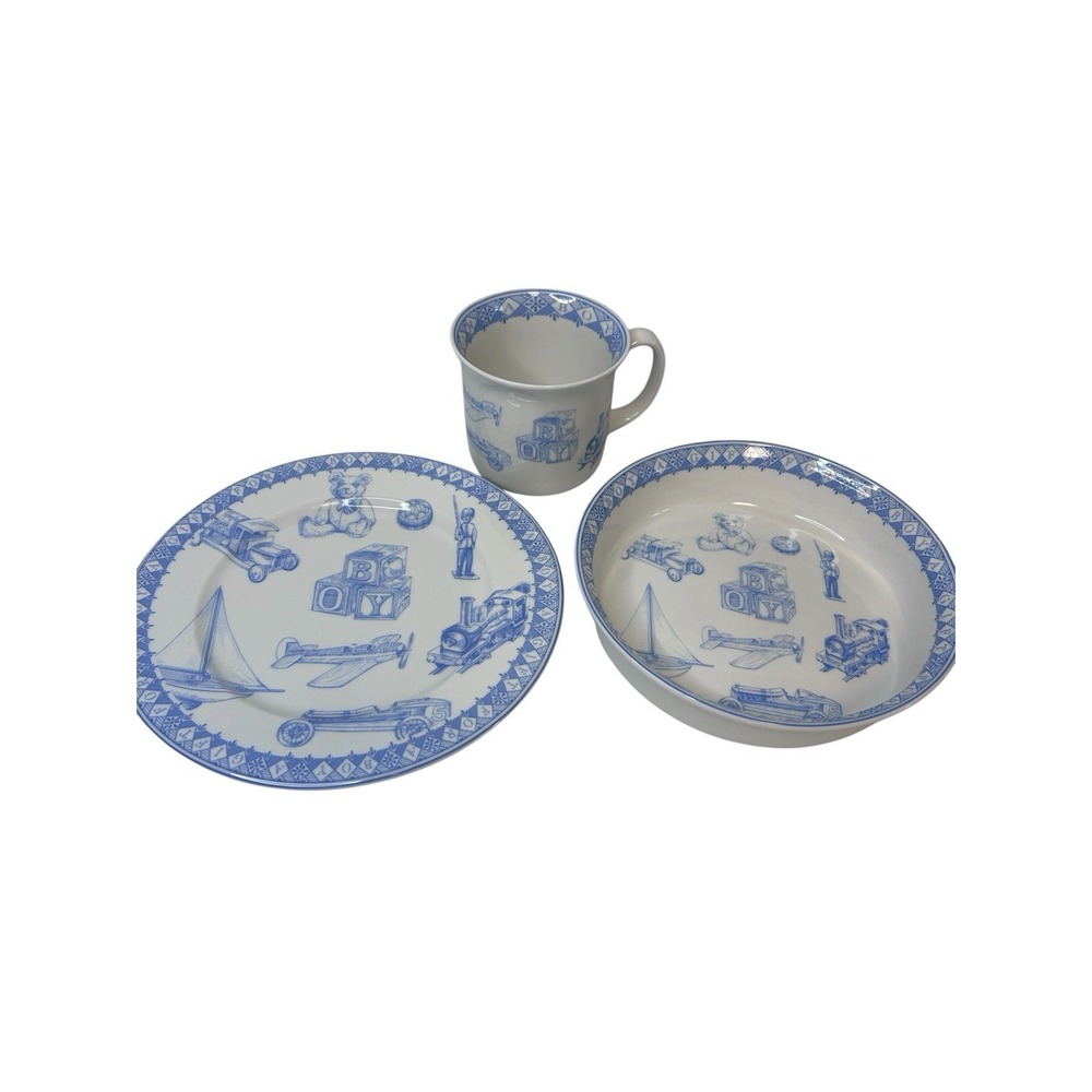 Queens Baby Boy Fine China Gift Set Plate Bowl Cup Made In India Trains Bears